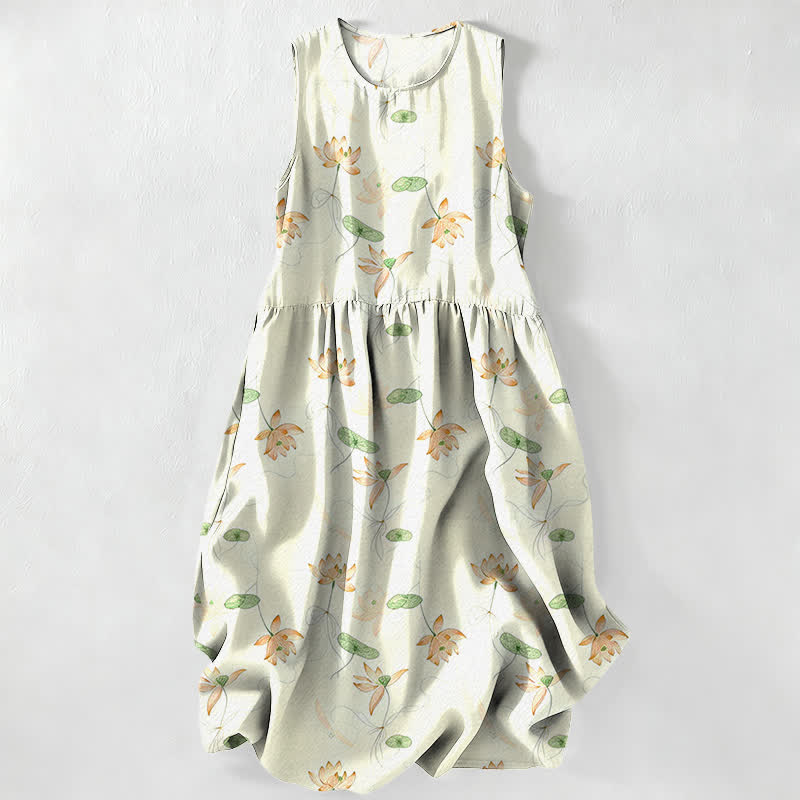 Buddha Stones Summer Casual Lotus Leaves Pattern Women's Summer Sleeveless Midi Dress With Pockets - Honeydew - US16，UK/AU20，EU48 (3XL) - image 8