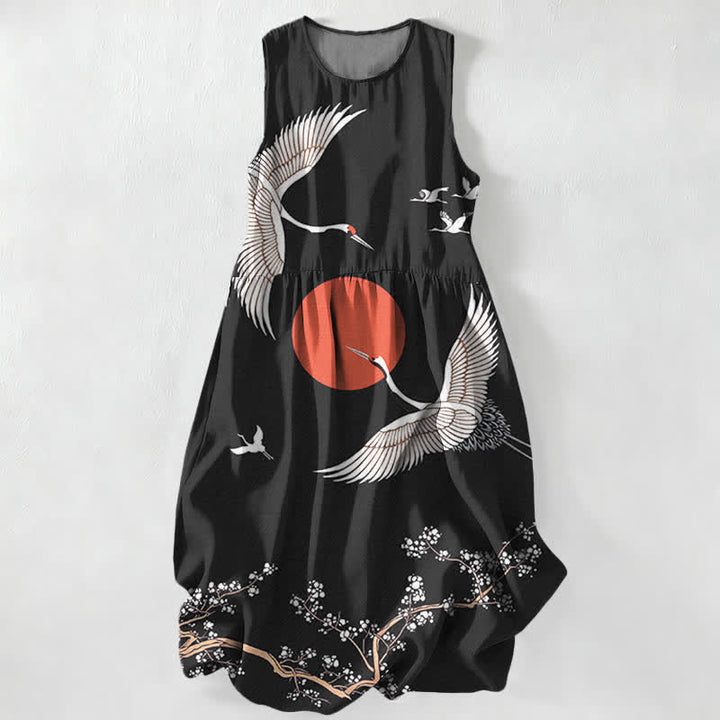 Buddha Stones Summer Casual Crane Red Sun Pattern Women's Summer Sleeveless Midi Dress With Pockets - Black - US16，UK/AU20，EU48 (3XL) - image 0