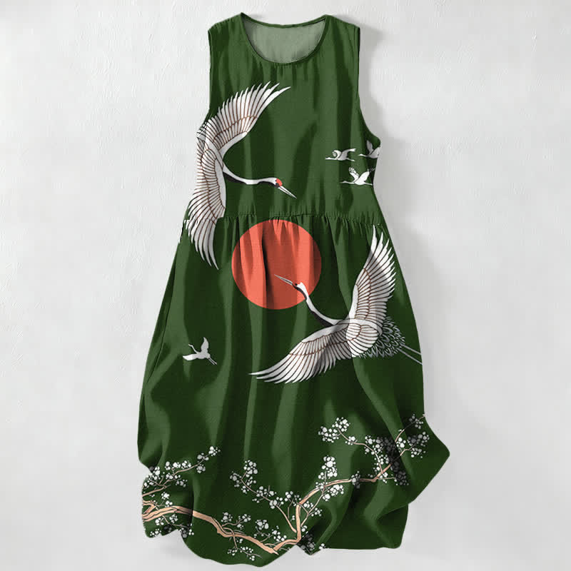 Buddha Stones Summer Casual Crane Red Sun Pattern Women's Summer Sleeveless Midi Dress With Pockets - ForestGreen - US16，UK/AU20，EU48 (3XL) - image 8
