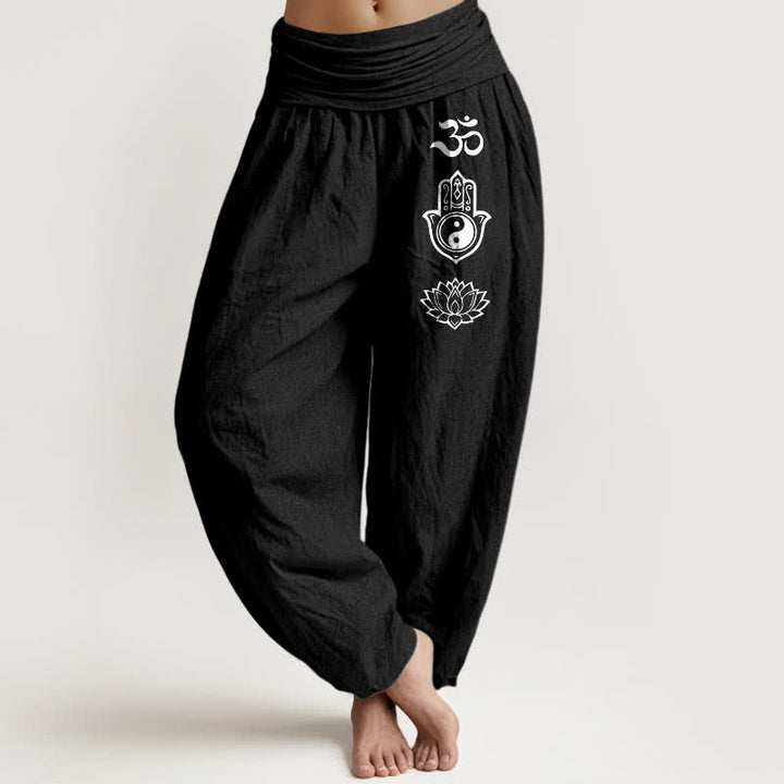Buddha Stones Pure Cotton Om Hamsa Yin Yang Lotus Pattern Women's Elastic Waist Harem Pants - Black - US16，UK/AU20，EU48 (3XL) - image 5