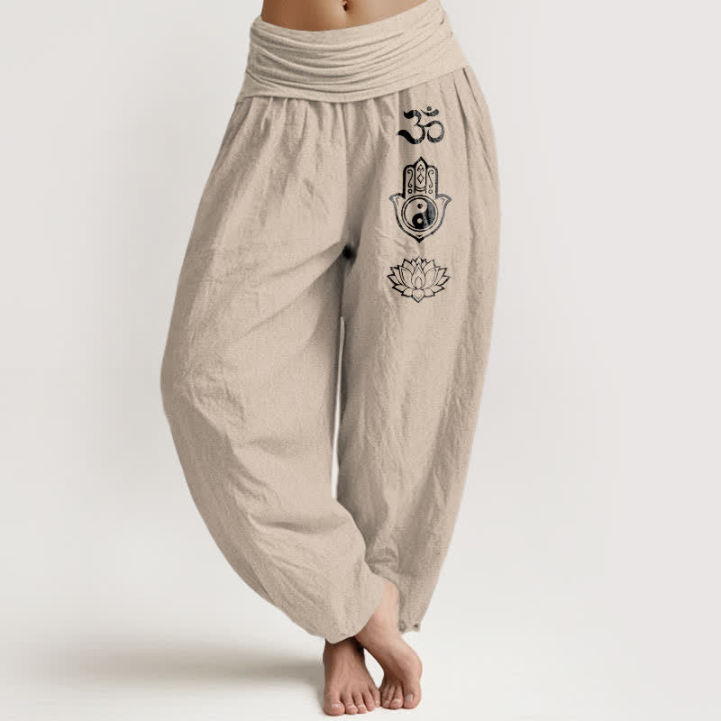 Buddha Stones Pure Cotton Om Hamsa Yin Yang Lotus Pattern Women's Elastic Waist Harem Pants - Tan - US16，UK/AU20，EU48 (3XL) - image 0
