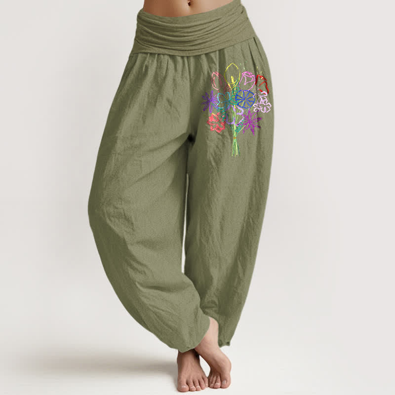 Buddha Stones Pure Cotton Floral Bouquet Pattern Women's Elastic Waist Harem Pants - OliveDrab - US16，UK/AU20，EU48 (3XL) - image 11