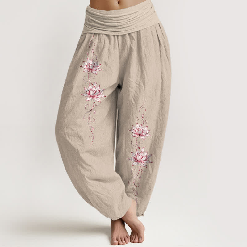 Buddha Stones Pure Cotton Lotus Blossom Pattern Women's Elastic Waist Harem Pants - Tan - US16，UK/AU20，EU48 (3XL) - image 14