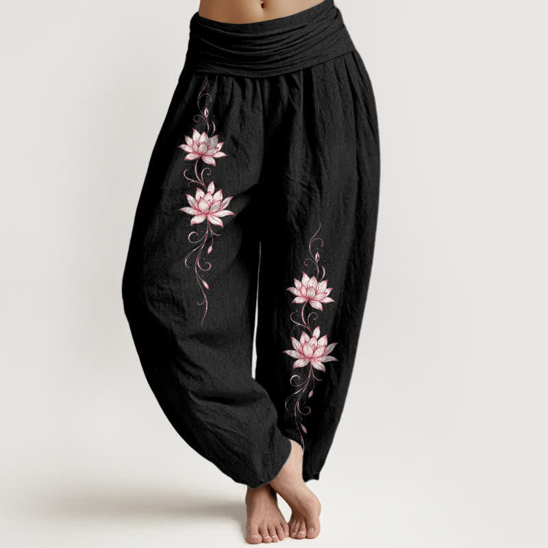 Buddha Stones Pure Cotton Lotus Blossom Pattern Women's Elastic Waist Harem Pants - Black - US16，UK/AU20，EU48 (3XL) - image 0