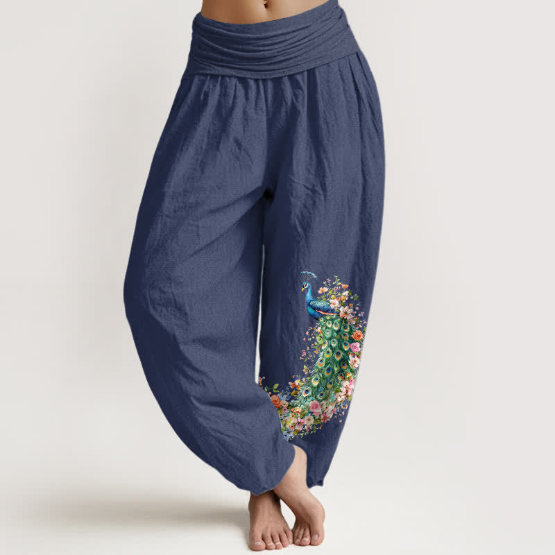 Buddha Stones Pure Cotton Peacock Floral Pattern Women's Elastic Waist Harem Pants - DarkSlateBlue - US16，UK/AU20，EU48 (3XL) - image 5