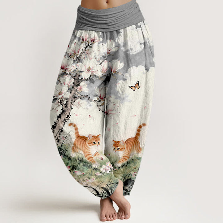 Buddha Stones Pure Cotton Magnolia Orange Tabby Cats Pattern Women's Elastic Waist Harem Pants - Gray - US16，UK/AU20，EU48 (3XL) - image 5