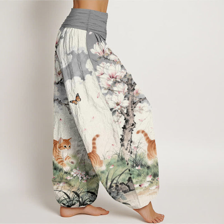 Buddha Stones Pure Cotton Magnolia Orange Tabby Cats Pattern Women's Elastic Waist Harem Pants - image 7