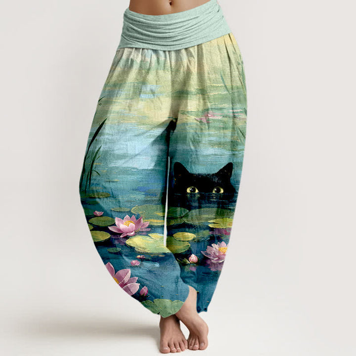 Buddha Stones Cotton Lotus Pond Cat Pattern Women's Elastic Waist Harem Pants - MediumTurquoise - US16，UK/AU20，EU48 (3XL) - image 0