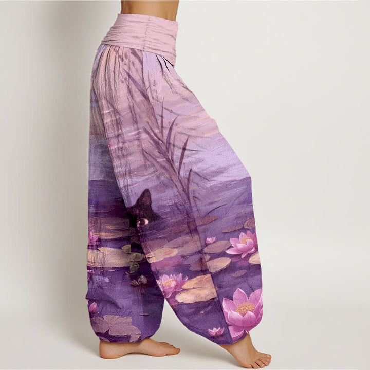 Buddha Stones Cotton Lotus Pond Cat Pattern Women's Elastic Waist Harem Pants - image 7