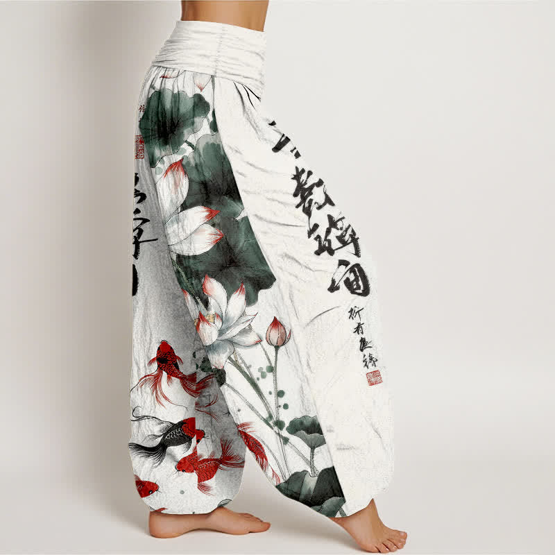 Buddha Stones Cotton Lotus Red Koi Fish Ink Calligraphy Pattern Women's Elastic Waist Harem Pants - image 2
