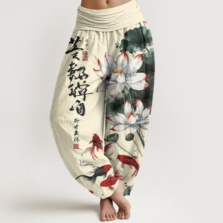 Buddha Stones Cotton Lotus Red Koi Fish Ink Calligraphy Pattern Women's Elastic Waist Harem Pants - Cornsilk - US16，UK/AU20，EU48 (3XL) - image 8