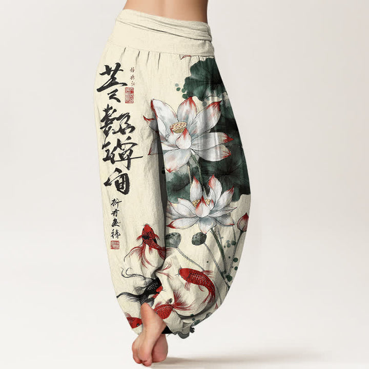 Buddha Stones Cotton Lotus Red Koi Fish Ink Calligraphy Pattern Women's Elastic Waist Harem Pants - image 9