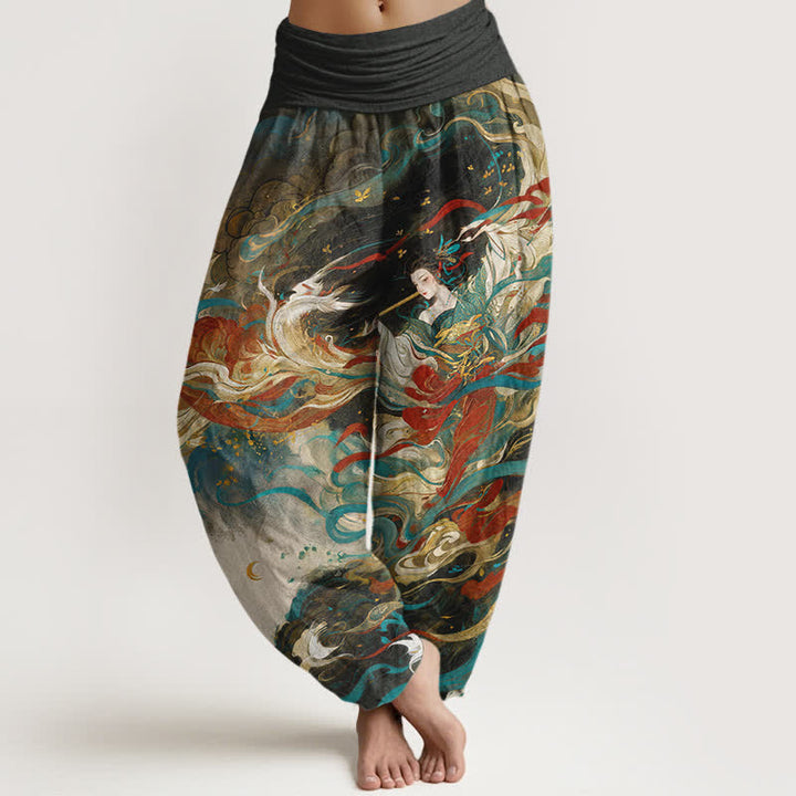 Buddha Stones Cotton Dunhuang Oriental Figure Cloud Pattern Women's Elastic Waist Harem Pants - Black - US16，UK/AU20，EU48 (3XL) - image 0