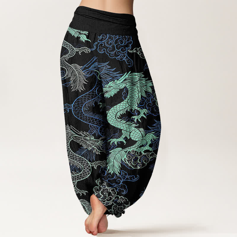 Buddha Stones Cotton Azure Dragon Pattern Women's Elastic Waist Harem Pants - image 1