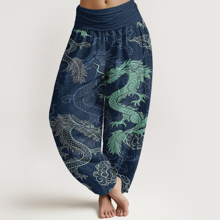Buddha Stones Cotton Azure Dragon Pattern Women's Elastic Waist Harem Pants - Navy - US16，UK/AU20，EU48 (3XL) - image 8