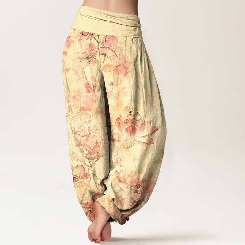 Buddha Stones Cotton Lotus Bloom Dragonfly Pattern Women's Elastic Waist Harem Pants - image 9