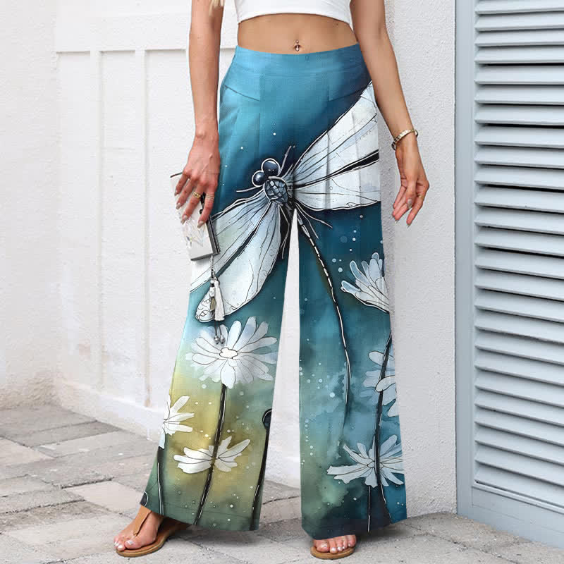 Buddha Stones Cotton Linen Dragonfly Daisy Pattern Women's Elastic Waist Wide Leg Pants With Pockets - image 1