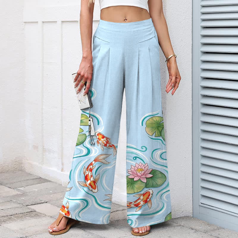 Buddha Stones Cotton Linen Koi Fish Pink Lotus Pond Pattern Women's Elastic Waist Wide Leg Pants With Pockets - image 1