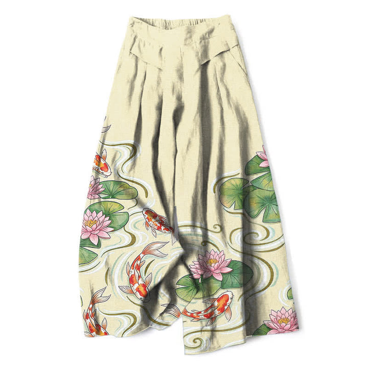 Buddha Stones Cotton Linen Koi Fish Pink Lotus Pond Pattern Women's Elastic Waist Wide Leg Pants With Pockets - Cornsilk - US16，UK/AU20，EU48 (3XL) - image 6