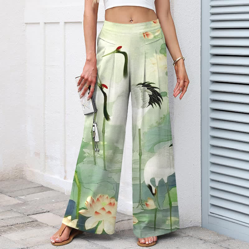 Buddha Stones Cotton Linen Crane Lotus Pattern Women's Elastic Waist Wide Leg Pants With Pockets - image 5