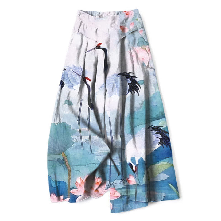 Buddha Stones Cotton Linen Crane Lotus Pattern Women's Elastic Waist Wide Leg Pants With Pockets - LightCyan - US16，UK/AU20，EU48 (3XL) - image 6
