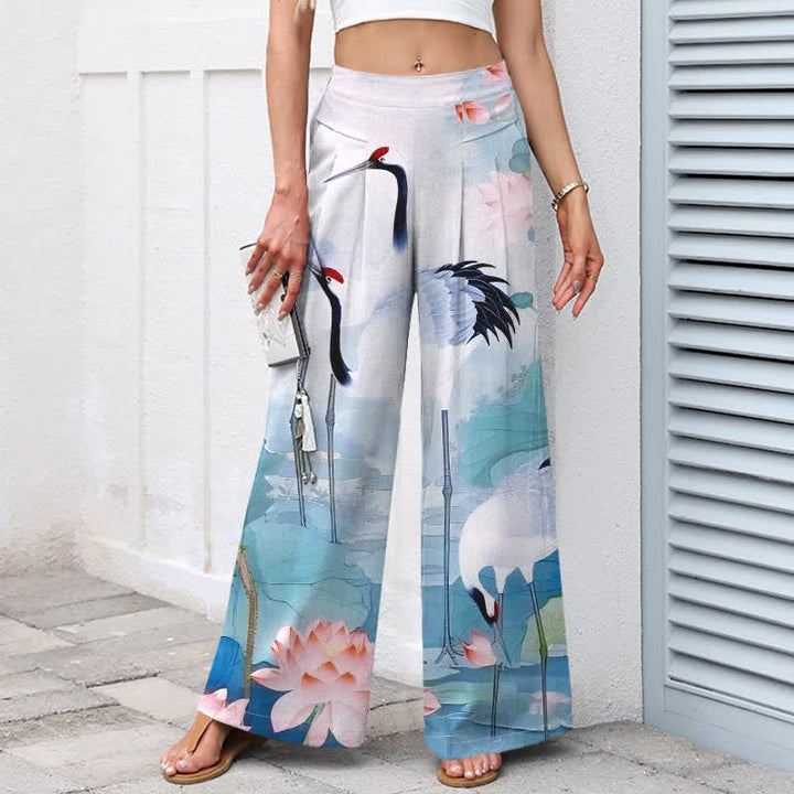 Buddha Stones Cotton Linen Crane Lotus Pattern Women's Elastic Waist Wide Leg Pants With Pockets - image 7