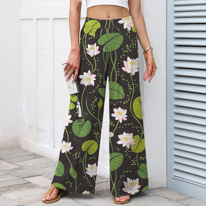 Buddha Stones Cotton Linen Lotus Green Leaf Pattern Women's Elastic Waist Wide Leg Pants With Pockets - image 5