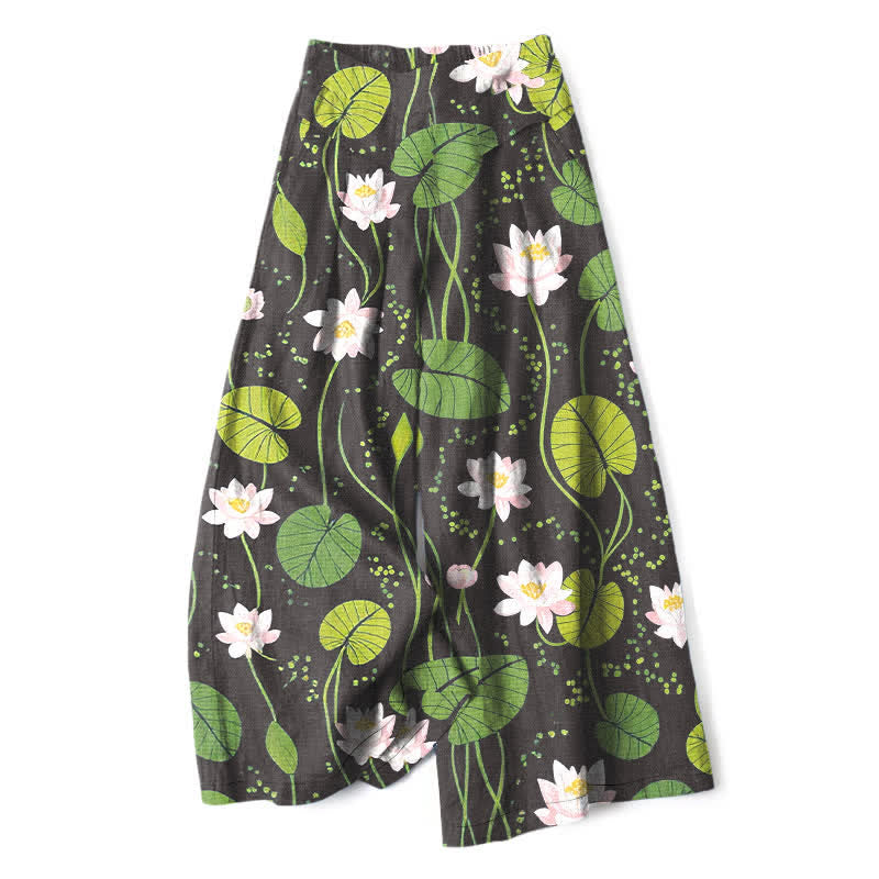 Buddha Stones Cotton Linen Lotus Green Leaf Pattern Women's Elastic Waist Wide Leg Pants With Pockets - Black - US16，UK/AU20，EU48 (3XL) - image 4