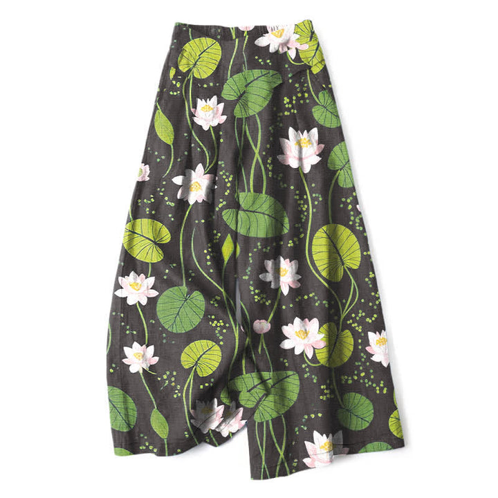 Buddha Stones Cotton Linen Lotus Green Leaf Pattern Women's Elastic Waist Wide Leg Pants With Pockets - Black - US16，UK/AU20，EU48 (3XL) - image 4