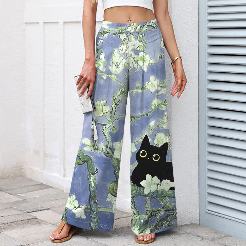Buddha Stones Cotton Linen Blue Floral Cat Pattern Women's Elastic Waist Wide Leg Pants With Pockets - image 5