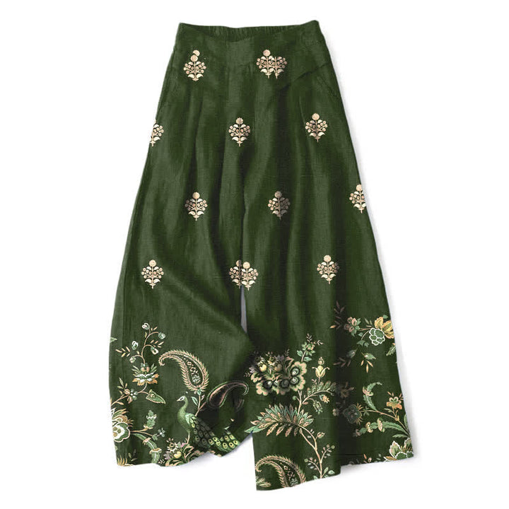 Buddha Stones Cotton Linen Bohemian Floral Paisley Pattern Women's Elastic Waist Wide Leg Pants With Pockets - DarkOliveGreen - US16，UK/AU20，EU48 (3XL) - image 0
