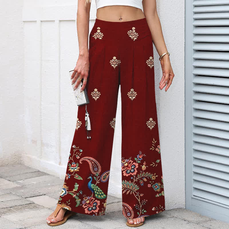 Buddha Stones Cotton Linen Bohemian Floral Paisley Pattern Women's Elastic Waist Wide Leg Pants With Pockets - image 5