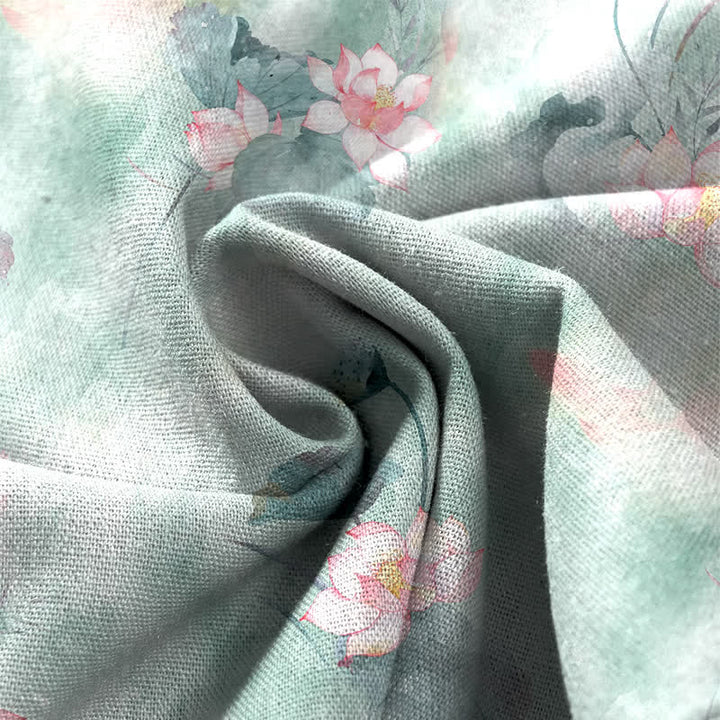 Buddha Stones Cotton Linen Watercolor Lotus Leaves Floral Pattern Women's Elastic Waist Wide Leg Pants With Pockets - image 3