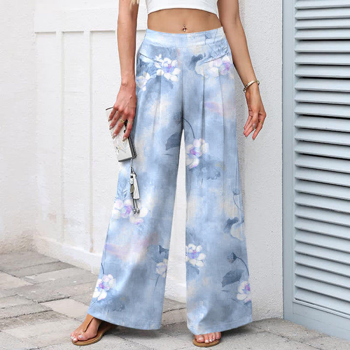 Buddha Stones Cotton Linen Watercolor Lotus Leaves Floral Pattern Women's Elastic Waist Wide Leg Pants With Pockets - image 7
