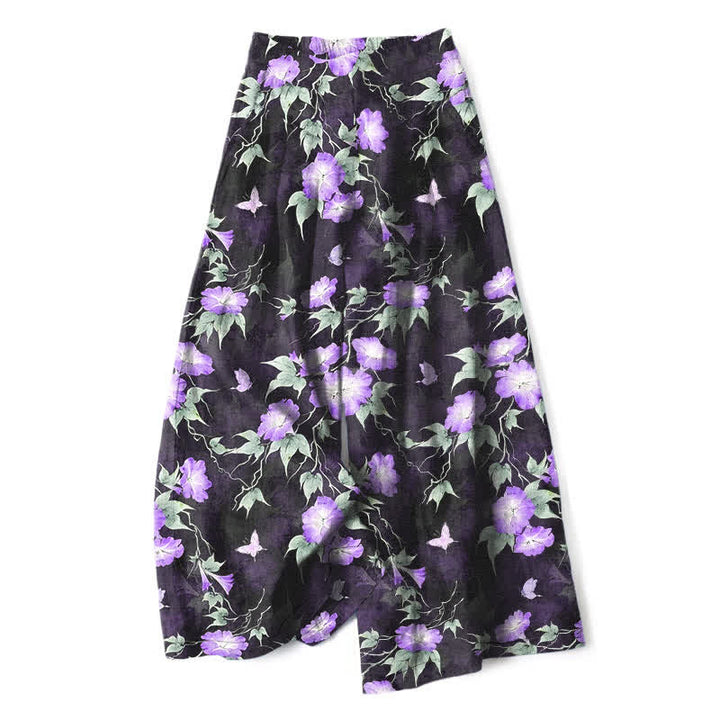 Buddha Stones Cotton Linen Blue Floral Leaves Pattern Women's Elastic Waist Wide Leg Pants With Pockets - MediumOrchid - US16，UK/AU20，EU48 (3XL) - image 4
