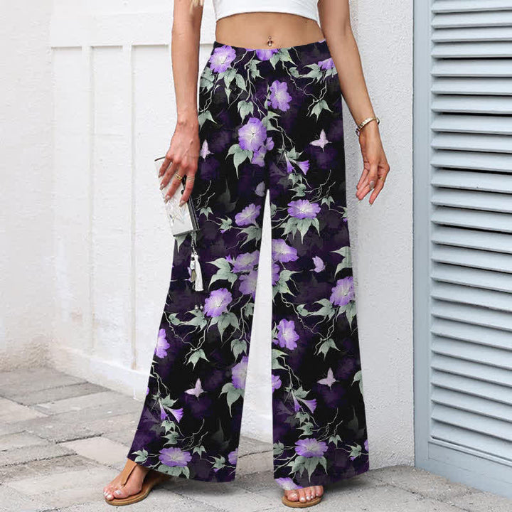 Buddha Stones Cotton Linen Blue Floral Leaves Pattern Women's Elastic Waist Wide Leg Pants With Pockets - image 5