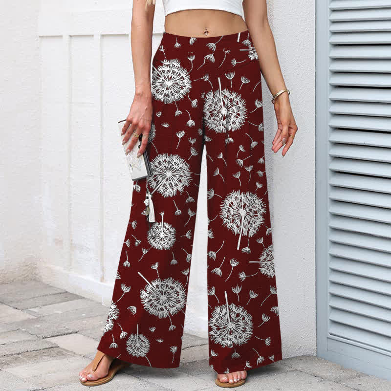 Buddha Stones Cotton Linen White Dandelion Pattern Women's Elastic Waist Wide Leg Pants With Pockets - image 7