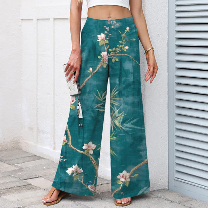 Buddha Stones Cotton Linen Oriental Light Pink Floral Pattern Women's Elastic Waist Wide Leg Pants With Pockets - image 1