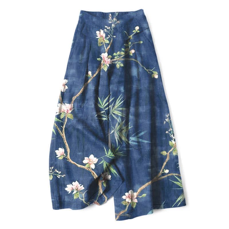 Buddha Stones Cotton Linen Oriental Light Pink Floral Pattern Women's Elastic Waist Wide Leg Pants With Pockets - Navy - US16，UK/AU20，EU48 (3XL) - image 4