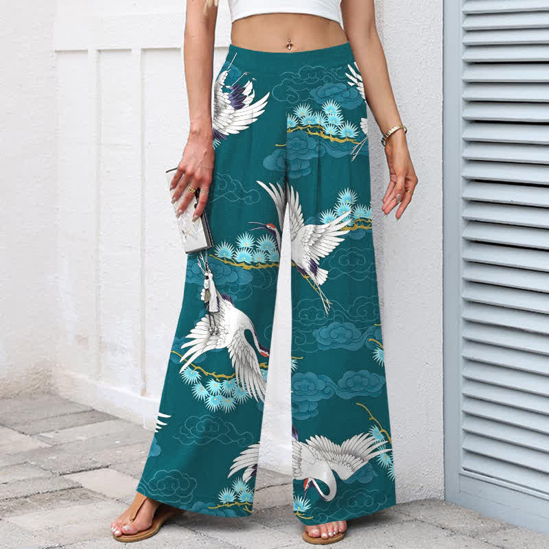 Buddha Stones Cotton Linen White Crane Auspicious Clouds Pine Pattern Women's Elastic Waist Wide Leg Pants With Pockets - image 5