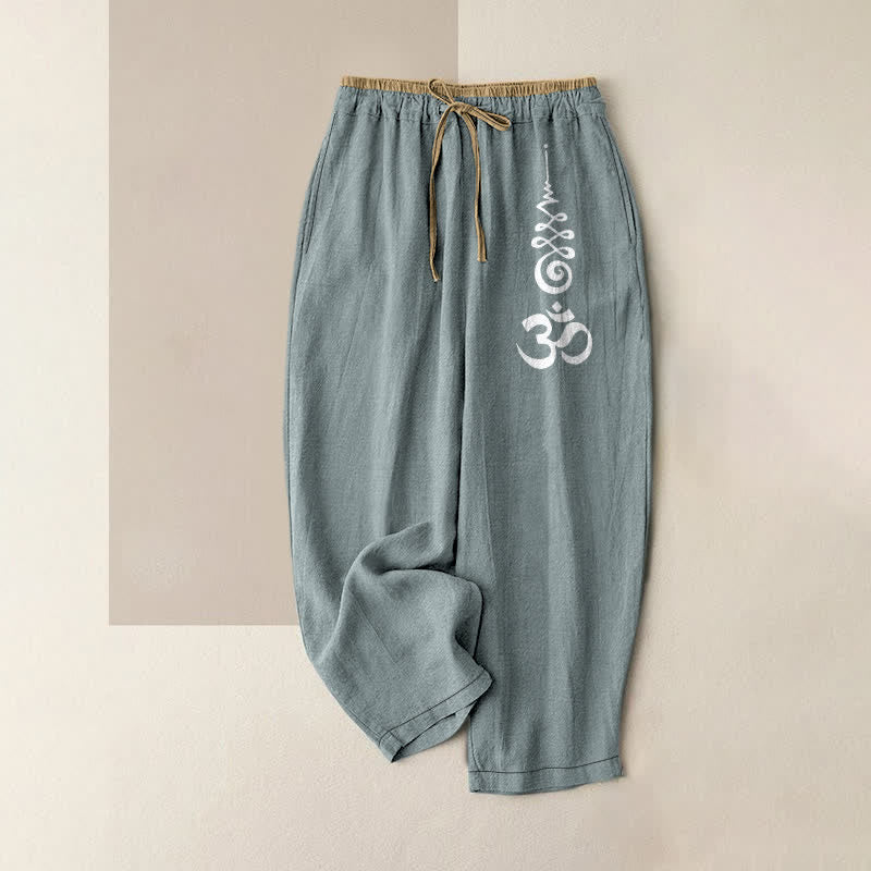 Buddha Stones Pure Cotton Om Symbol Pattern Women's Elastic Waist Pants With Pockets - CadetBlue - US16，UK/AU20，EU48 (3XL) - image 4