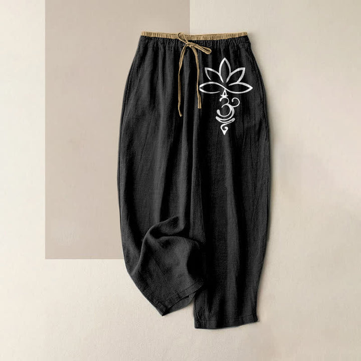 Buddha Stones Pure Cotton Lotus Om Pattern Women's Elastic Waist Pants With Pockets - Black - US16，UK/AU20，EU48 (3XL) - image 0