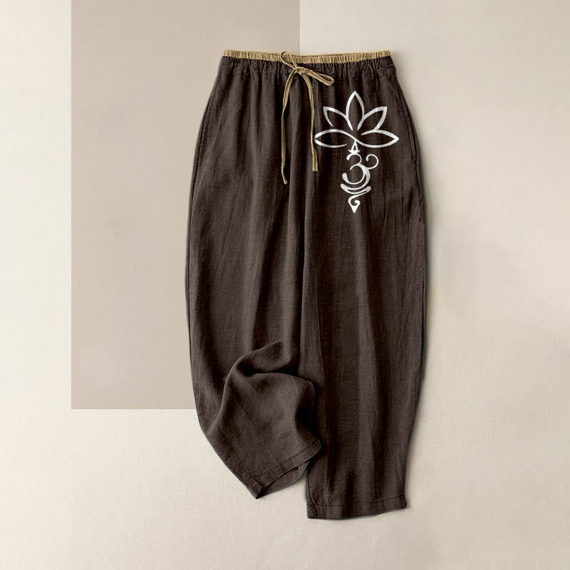 Buddha Stones Pure Cotton Lotus Om Pattern Women's Elastic Waist Pants With Pockets - SaddleBrown - US16，UK/AU20，EU48 (3XL) - image 8