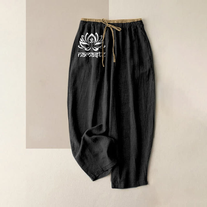 Buddha Stones Pure Cotton Namaste Lotus Pattern Women's Elastic Waist Pants With Pockets - Black - US16，UK/AU20，EU48 (3XL) - image 0