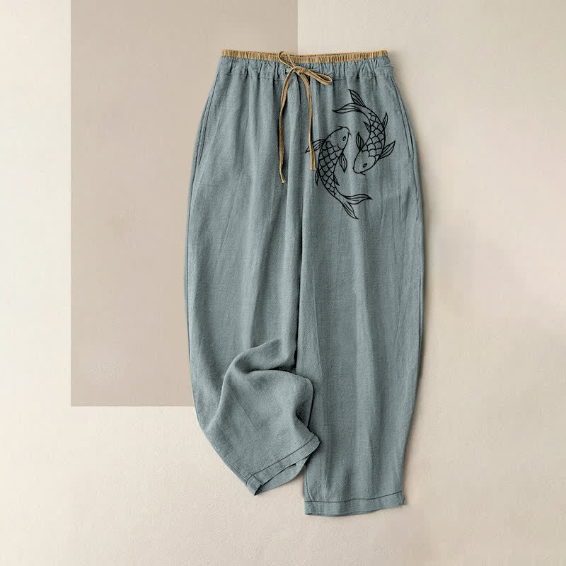 Buddha Stones Pure Cotton Zen Koi Fish Pattern Women's Elastic Waist Pants With Pockets - CadetBlue - US16，UK/AU20，EU48 (3XL) - image 0