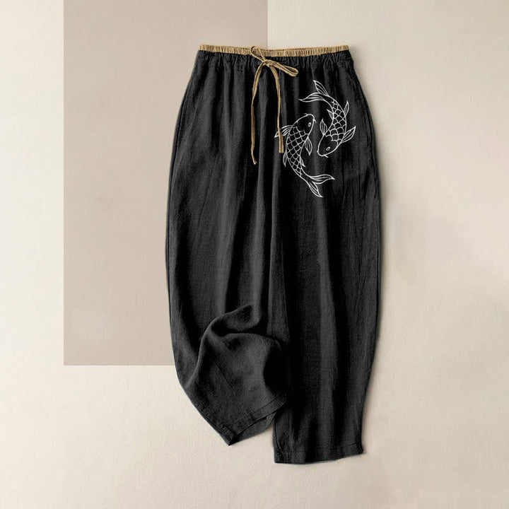 Buddha Stones Pure Cotton Zen Koi Fish Pattern Women's Elastic Waist Pants With Pockets - Black - US16，UK/AU20，EU48 (3XL) - image 4