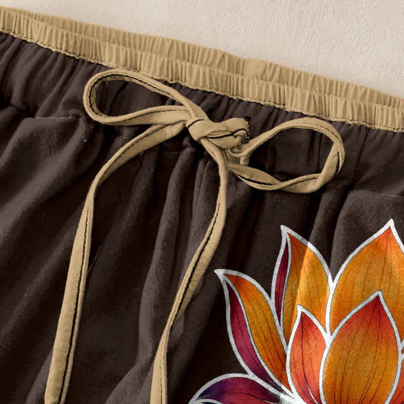 Buddha Stones Pure Cotton Orange Lotus Pattern Women's Elastic Waist Pants With Pockets - image 5