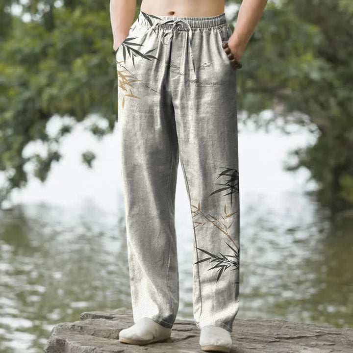 Buddha Stones Cotton Ink Bamboo Pattern Men's Tapered Pants With Pockets - Linen - US/UK/AU50，EU60 (5XL) - image 0