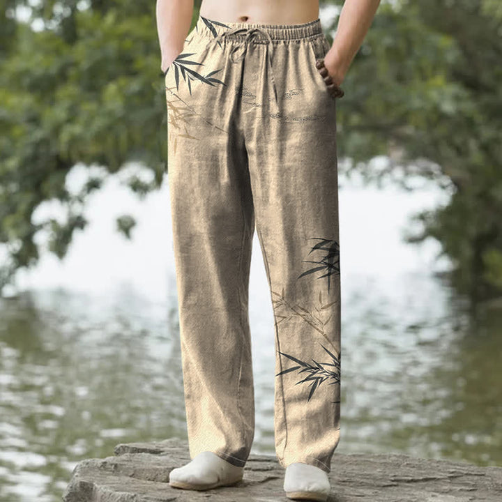 Buddha Stones Cotton Ink Bamboo Pattern Men's Tapered Pants With Pockets - Tan - US/UK/AU50，EU60 (5XL) - image 6