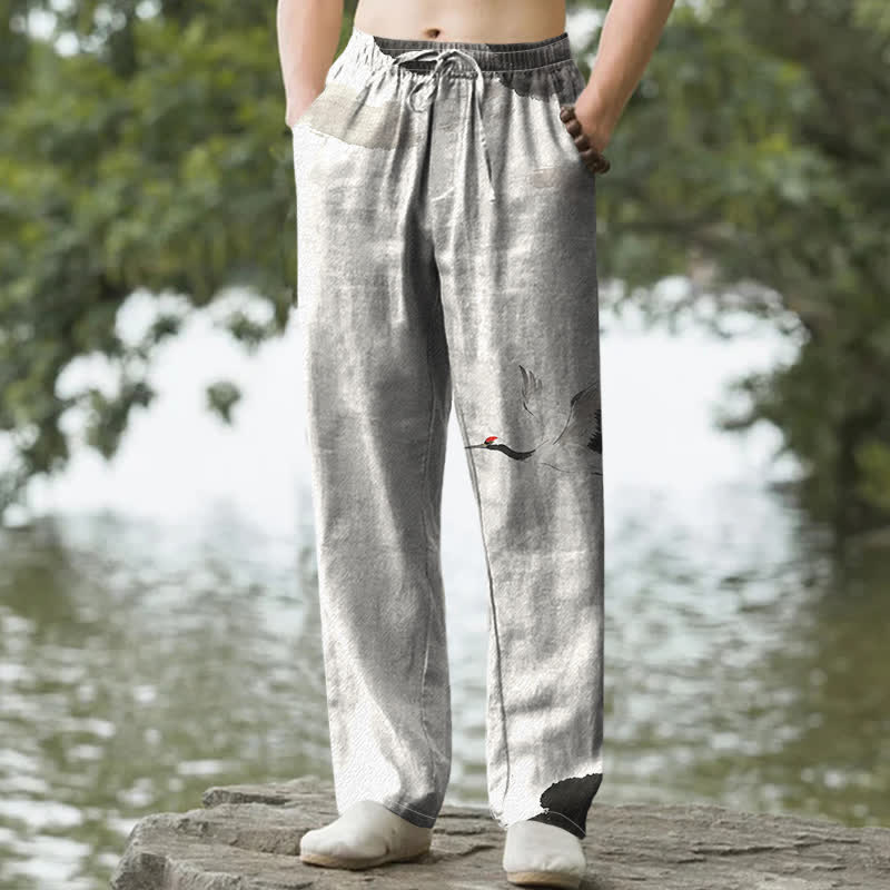 Buddha Stones Cotton Red-crowned Crane Pattern Men's Tapered Pants With Pockets - Black - US/UK/AU50，EU60 (5XL) - image 6